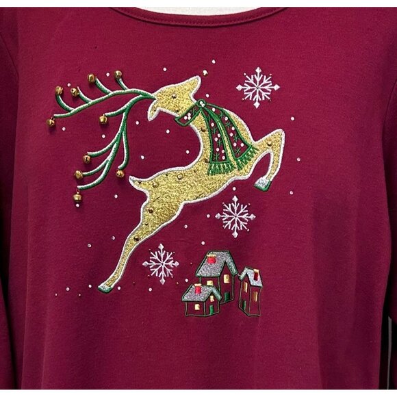 Quacker Factory Women’s Christmas Top Reindeer Embroidered Sequins Burgundy 2X - Picture 4 of 11
